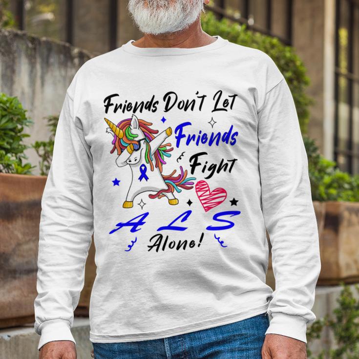 Friends Dont Let Friends Fight Als Alone Unicorn Blue Ribbon Amyotrophic Lateral Sclerosis Support Als Awareness Unisex Long Sleeve Gifts for Old Men