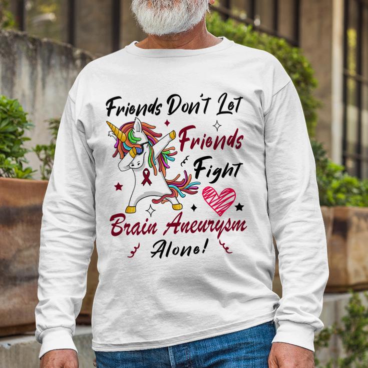 Friends Dont Let Friends Fight Brain Aneurysm Alone Unicorn Burgundy Ribbon Brain Aneurysm Bpd Brain Aneurysm Unisex Long Sleeve Gifts for Old Men