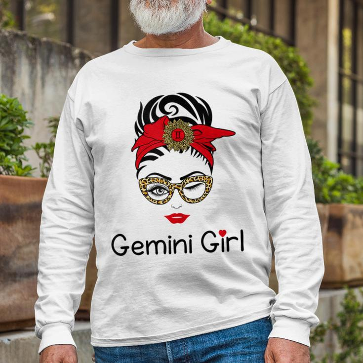 Gemini Girl Leopard Sunflower Zodiac Birthday Girl Long Sleeve T-Shirt Gifts for Old Men