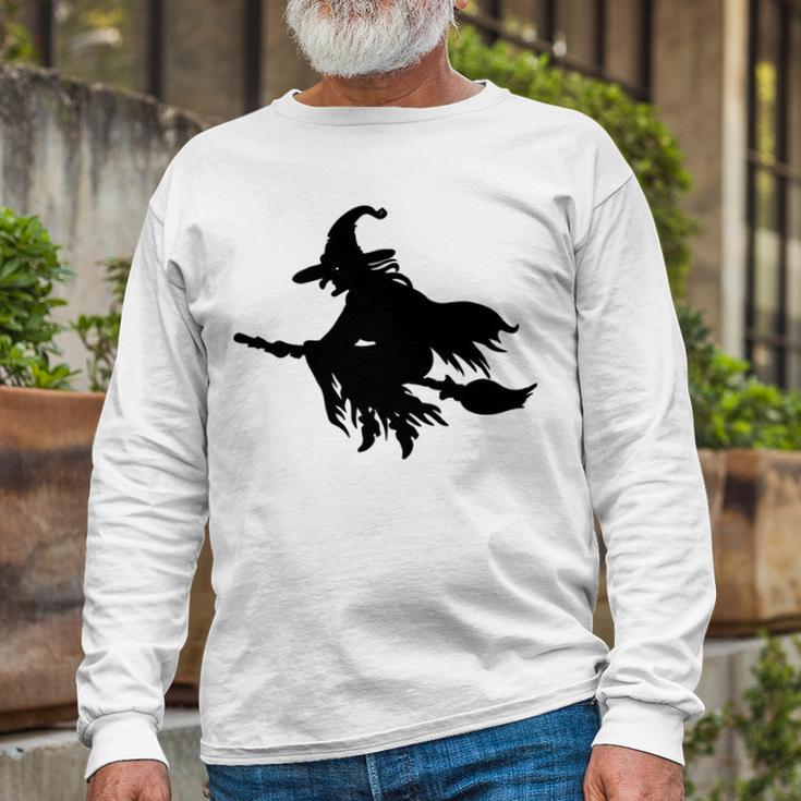 Halloween Scary Old Witch On Broom Art Design Pattern Unisex Long Sleeve Gifts for Old Men