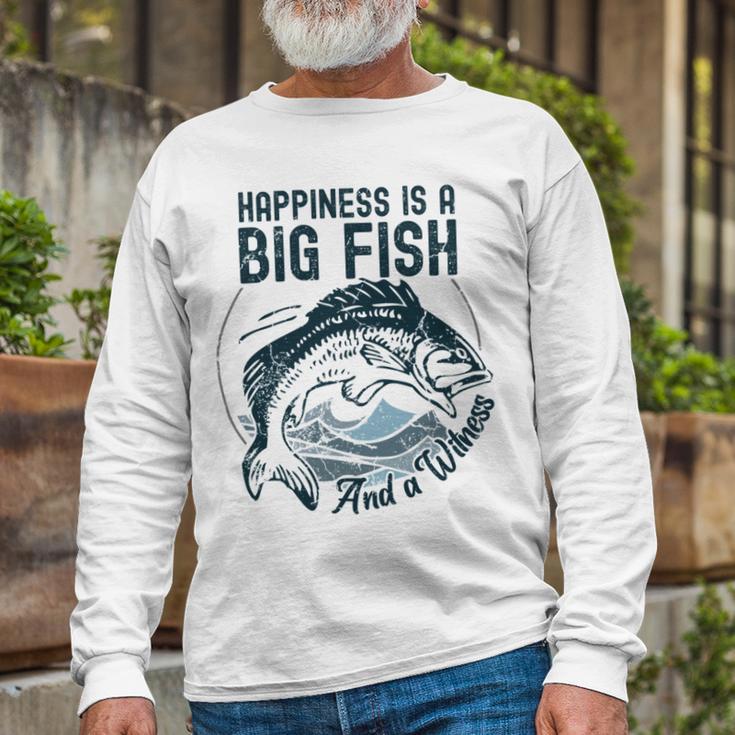 Happiness Is A Big Fish And A Witness Fisherman Dad Blue Unisex Long Sleeve Gifts for Old Men