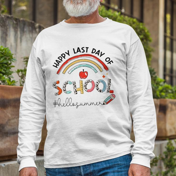 Happy Last Day Of School Leopard Rainbow Hello Summer Long Sleeve T-Shirt T-Shirt Gifts for Old Men