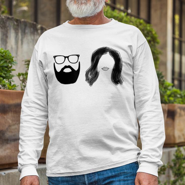 Man With Beard And Glasses With Woman Wavy Hair Unisex Long Sleeve Gifts for Old Men