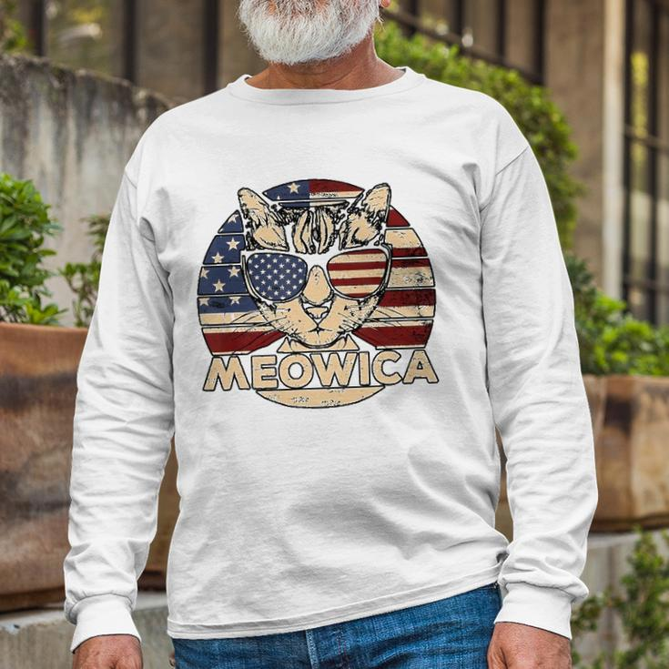 Meowica American Cat 4Th Of July Flag Sunglasses Plus Size Long Sleeve T-Shirt T-Shirt Gifts for Old Men