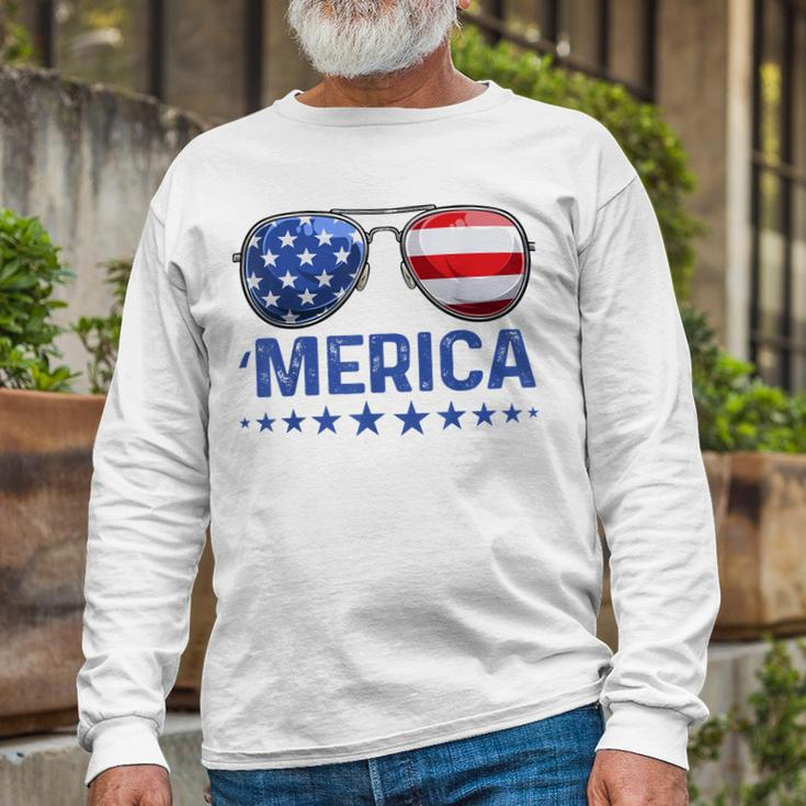 Merica Patriotic Usa Flag Sunglusses 4Th Of July Usa Long Sleeve T-Shirt Gifts for Old Men