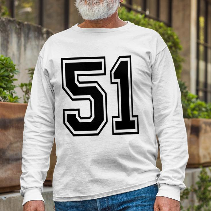 Number 51 College Sports Team Style In Black 2 Sided Long Sleeve T-Shirt Gifts for Old Men