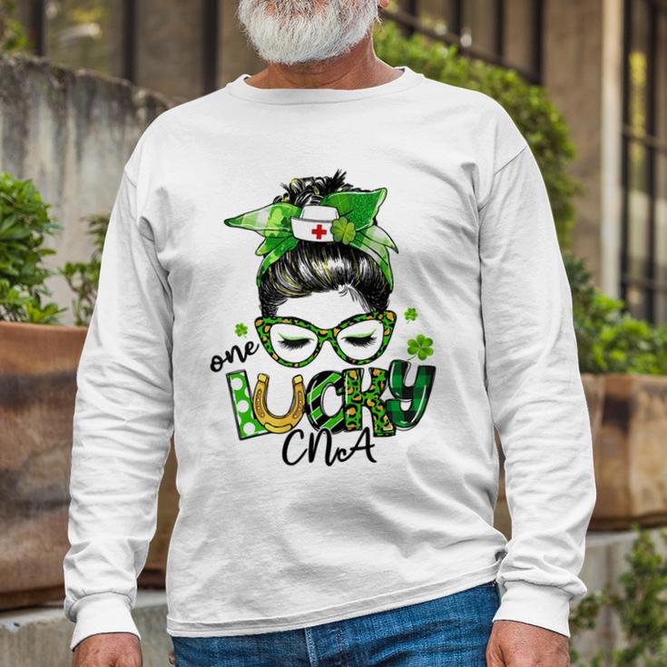 One Lucky Cna Messy Bun Shamrocks St Patricks Day Unisex Long Sleeve Gifts for Old Men