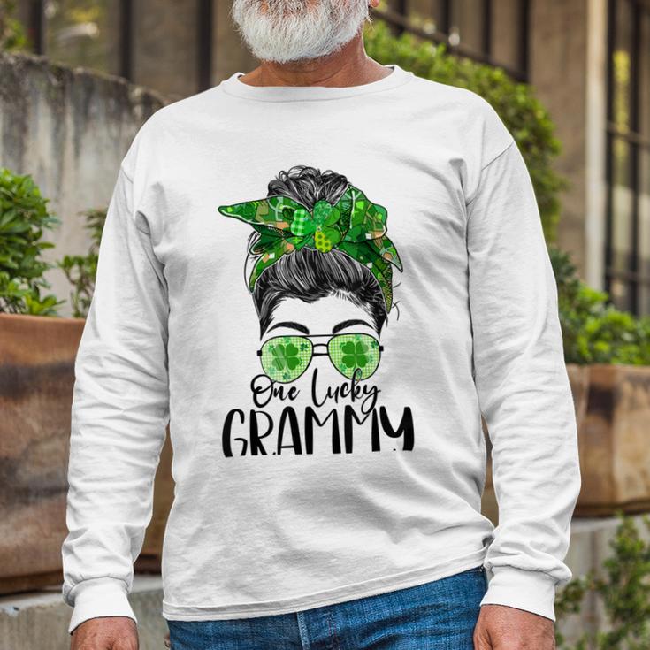 One Lucky Grammy Messy Bun Lucky Shamrock St Patricks Day Unisex Long Sleeve Gifts for Old Men