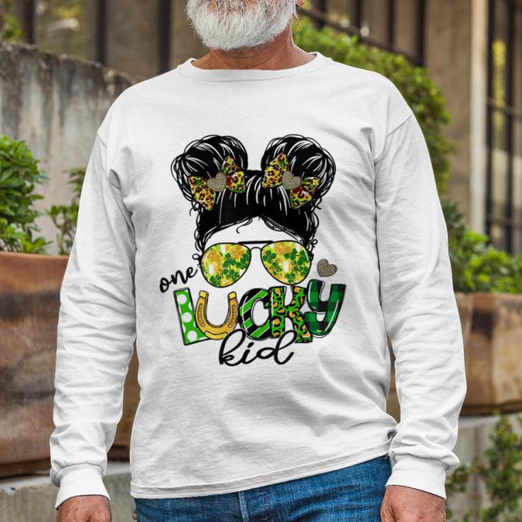 One Lucky Kid Messy Bun Shamrock St Patricks Day Unisex Long Sleeve Gifts for Old Men