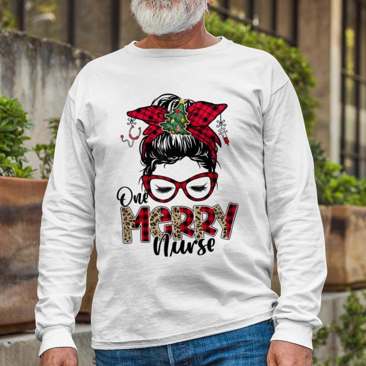 One Merry Nurse Messy Bun Tee Christmas Scrubs For Nurses Unisex Long Sleeve Gifts for Old Men