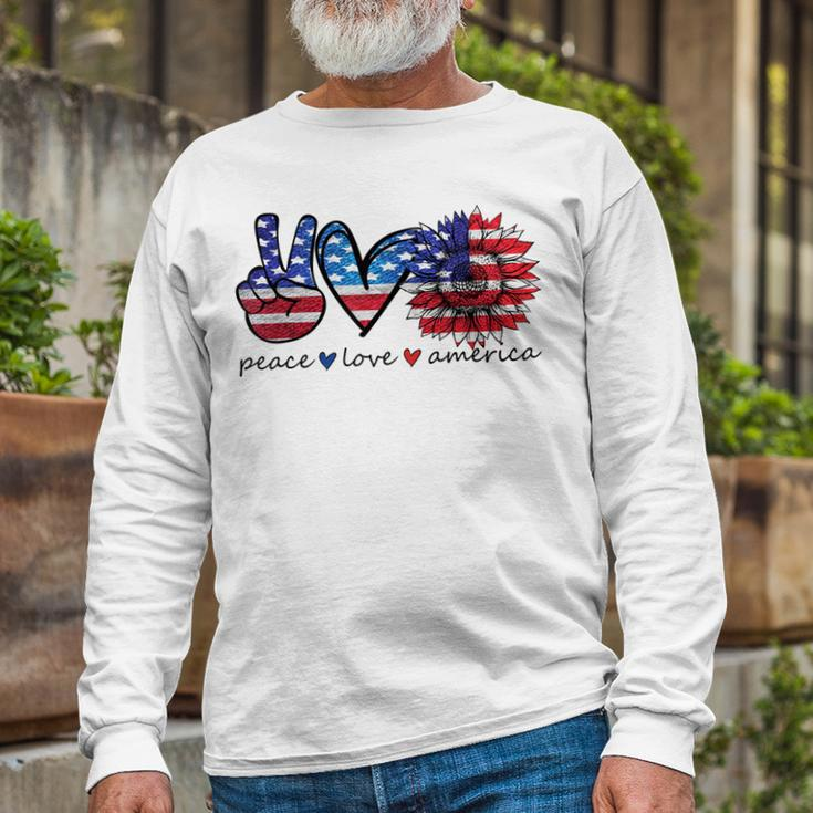 Peace Love America Flag Sunflower 4Th Of July Memorial Day Long Sleeve T-Shirt Gifts for Old Men
