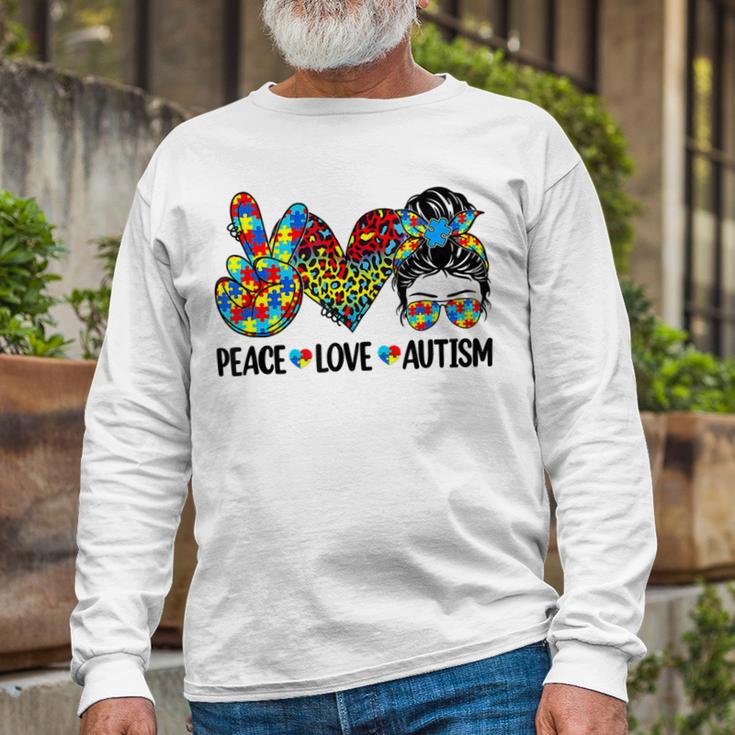 Peace Love Autism Mom Life Messy Bun Blue Autism Awareness Unisex Long Sleeve Gifts for Old Men