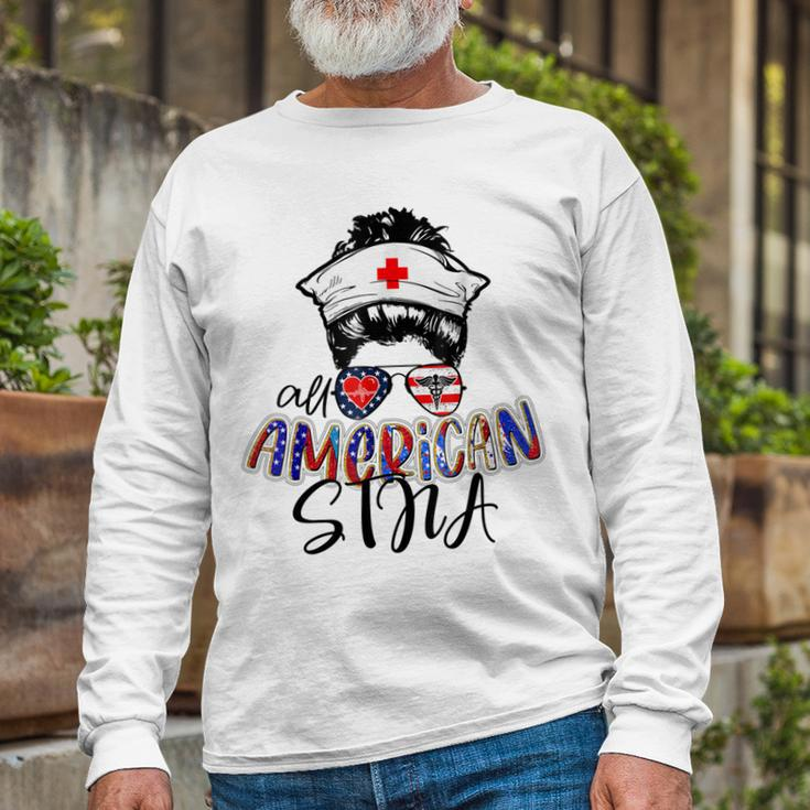 Stna All American Nurse Messy Buns Hair 4Th Of July Day Usa Long Sleeve T-Shirt Gifts for Old Men