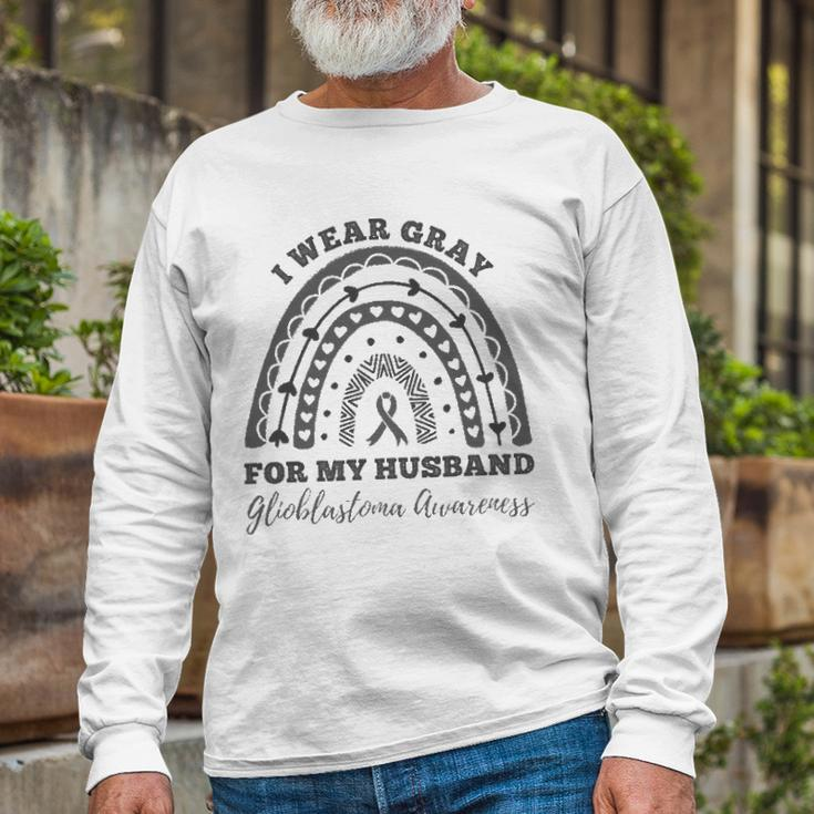 I Wear Gray For My Husband Glioblastoma Awareness Rainbow Long Sleeve T-Shirt T-Shirt Gifts for Old Men