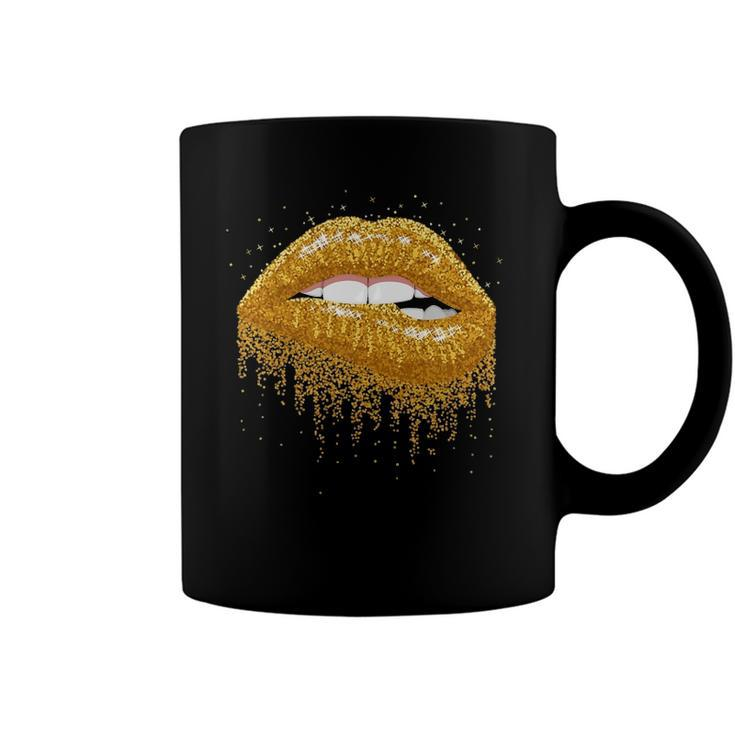Cool Lips Bite Kiss Me -Gold Sparkle- Sexy Lips Gift Coffee Mug