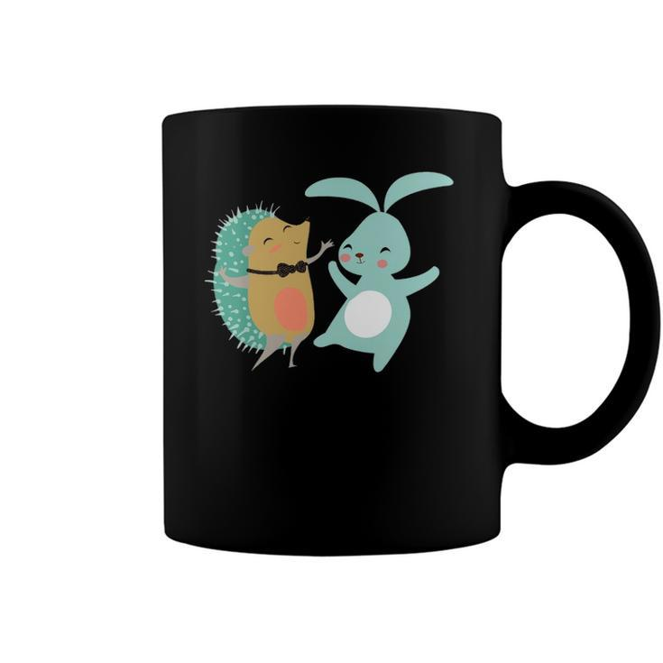 Cute Dancing Hedgehog & Rabbit Cartoon Art Coffee Mug