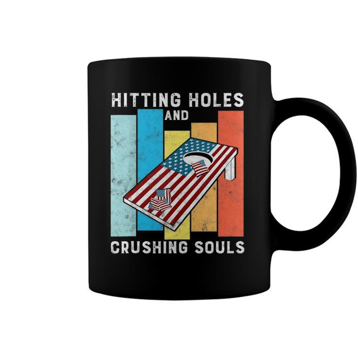 Hitting Holes And Crushing Souls Funny Retro Style Cornhole Coffee Mug