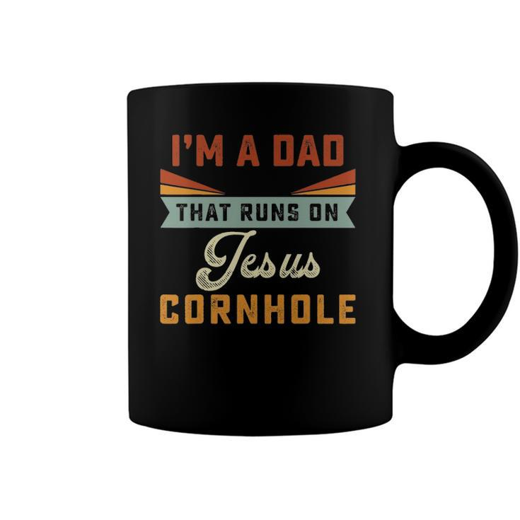 Mens Im A Dad That Runs On Jesus Cornhole Christian Vintage Gift Coffee Mug