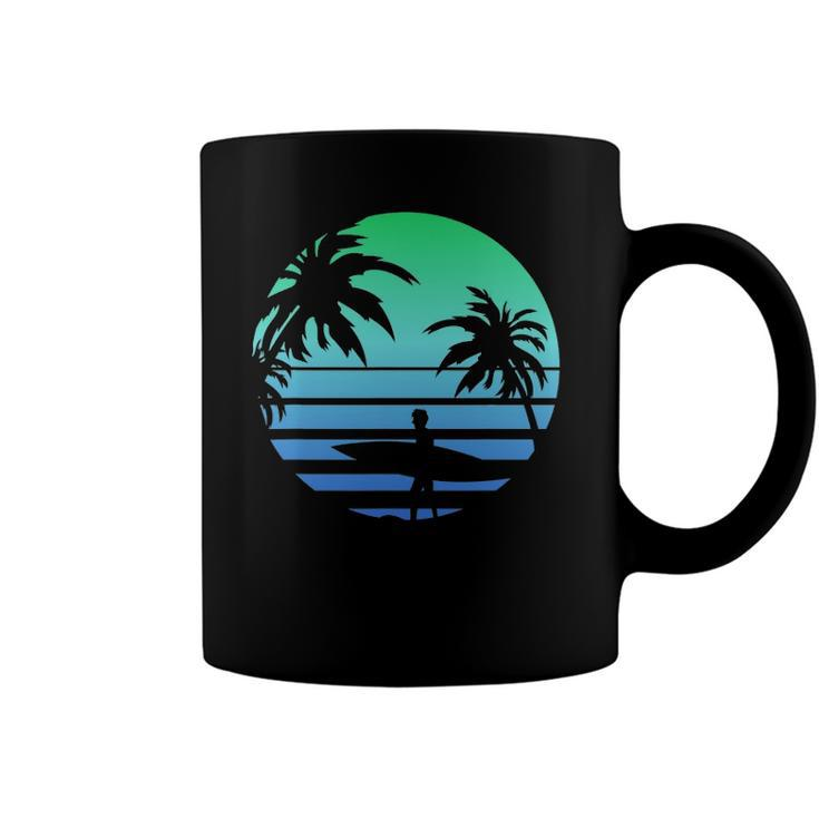 Retro Water Sport Surfboard Palm Tree Sea Tropical Surfing Coffee Mug