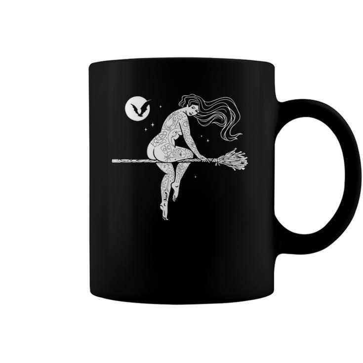 Tattooed Witch On Broomstick Full Moon & Bat Halloween Coffee Mug