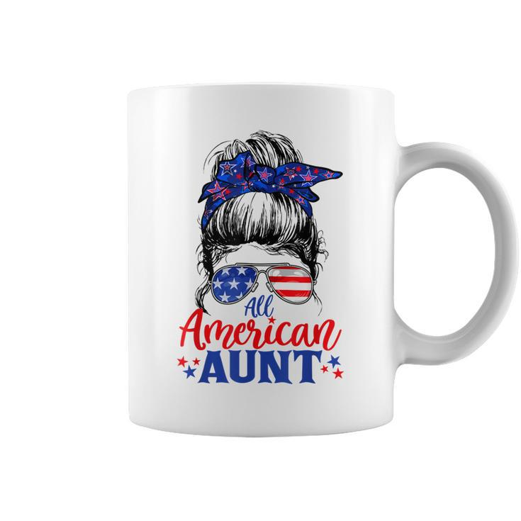 4Th Of July All American Aunt Messy Bun Patriotic Usa Flag  Coffee Mug