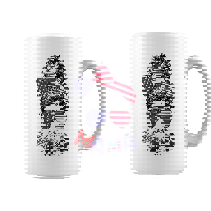 4Th Of July American Mama Messy Bun Mom Life Patriotic Mom  Coffee Mug