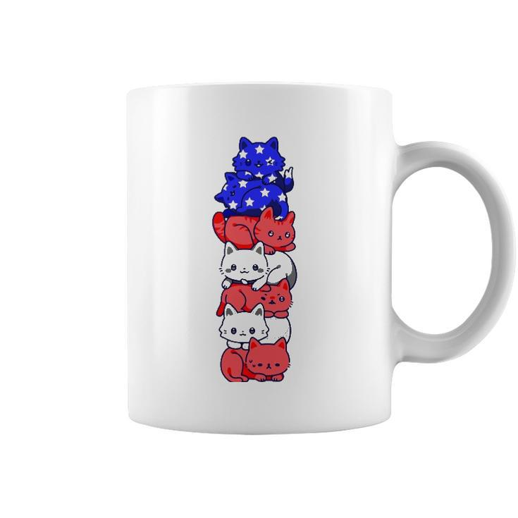 4Th Of July Cat Patriotic American Flag Cute Cats Pile Stack Coffee Mug
