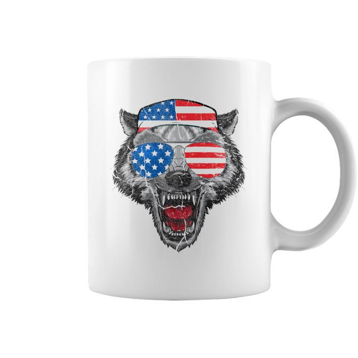 4Th Of July Wolf American Flag Usa  Vintage Men Dad   Coffee Mug