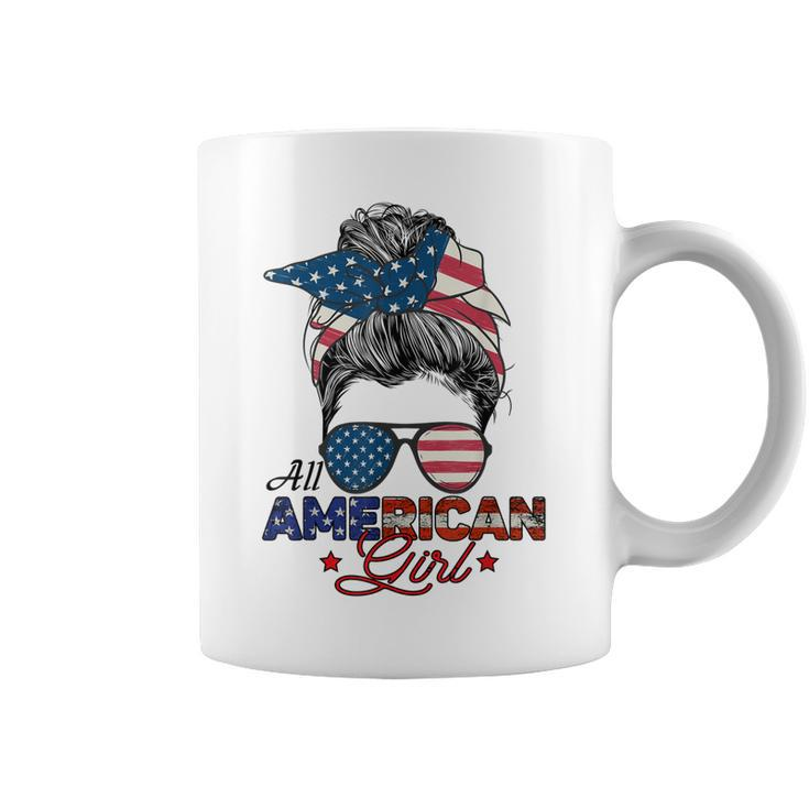 All American Girl 4Th July Messy Bun Us Flag  Coffee Mug