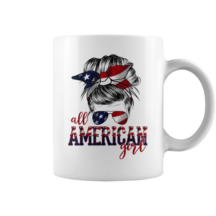 All American Girl Messy Hair Bun Woman Patriotic 4Th Of July  Coffee Mug