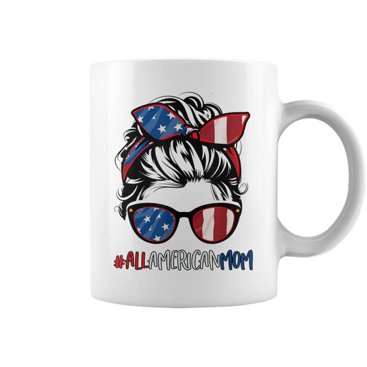 All American Mom 4Th Of July  Women Messy Bun Usa Flag  Coffee Mug