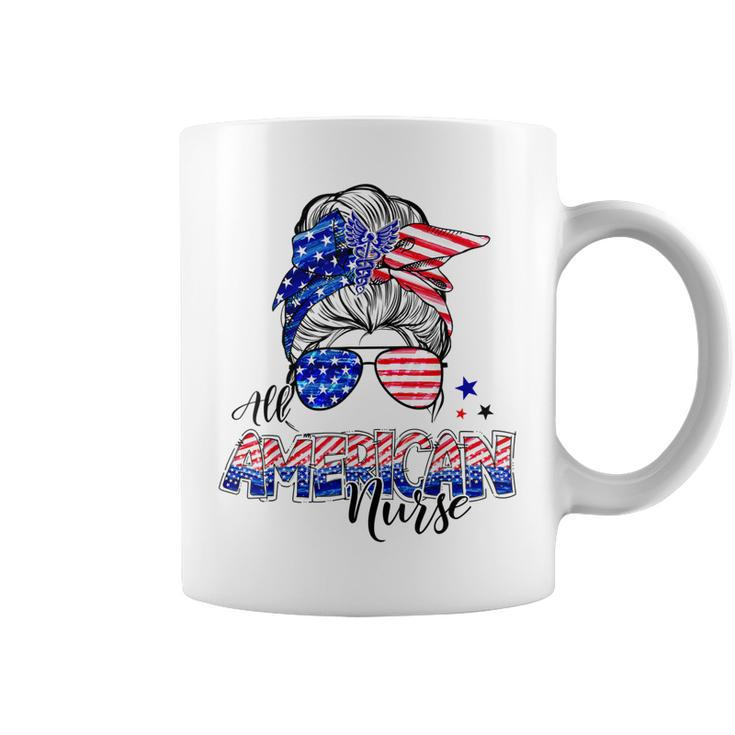 American Flag Patriotic Nurse Messy Bun 4Th Of July  Coffee Mug