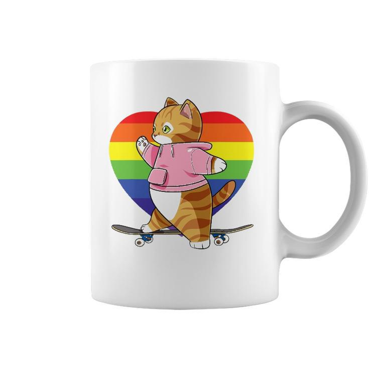 Cute Orange Tabby Cat Skateboarder Rainbow Heart Skater Coffee Mug
