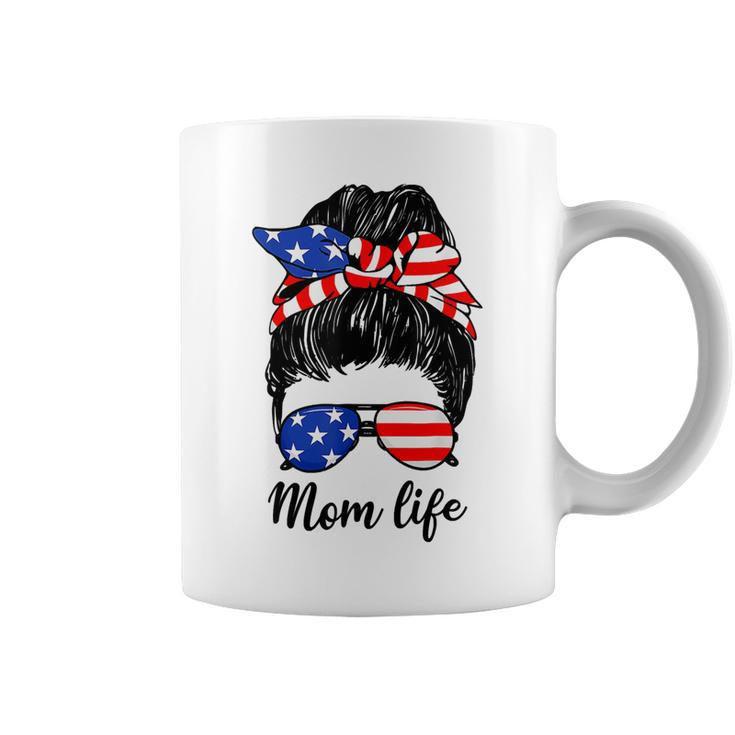 Funny American Flag 4Th Of July Mom Life Messy Bun Mors Day T-Shirt Coffee Mug