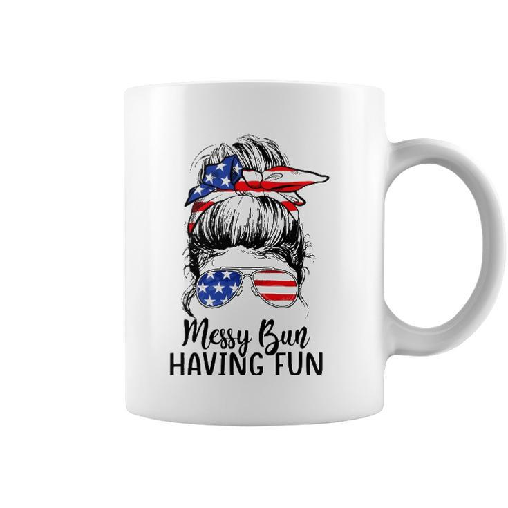 Funny Messy Bun Having Fun American Flag Merica 4Th Of July Coffee Mug