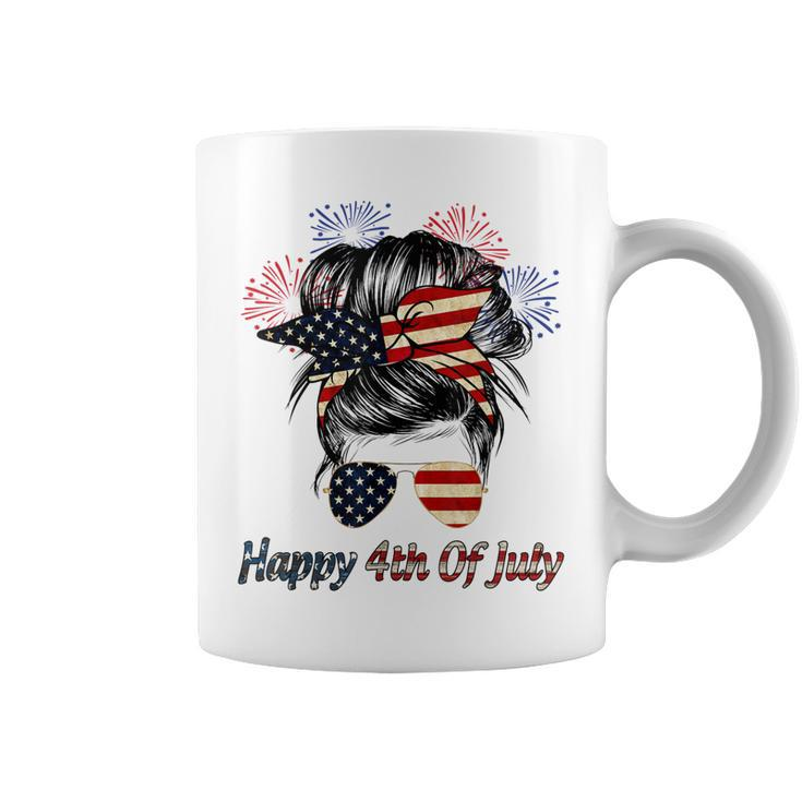Happy 4Th Of July Messy Bun American Flag Firework  Coffee Mug
