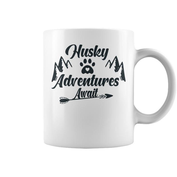 Husky Adventure Await   Siberian Husky Adventures Hiking With Huskies   Gift For Husky Lover  V2 Coffee Mug