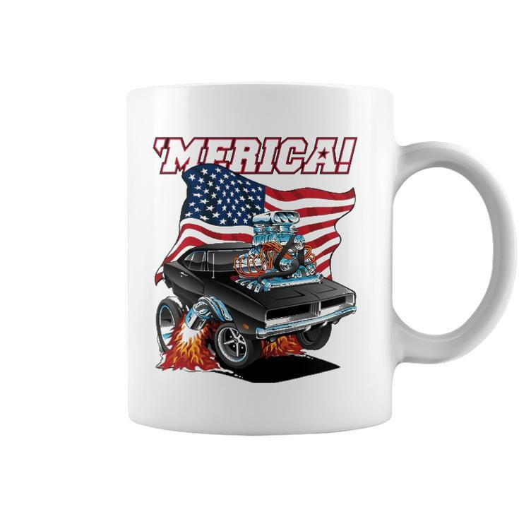 Merica Patriotic Classic Hot Rod Muscle Car Usa Flag Coffee Mug