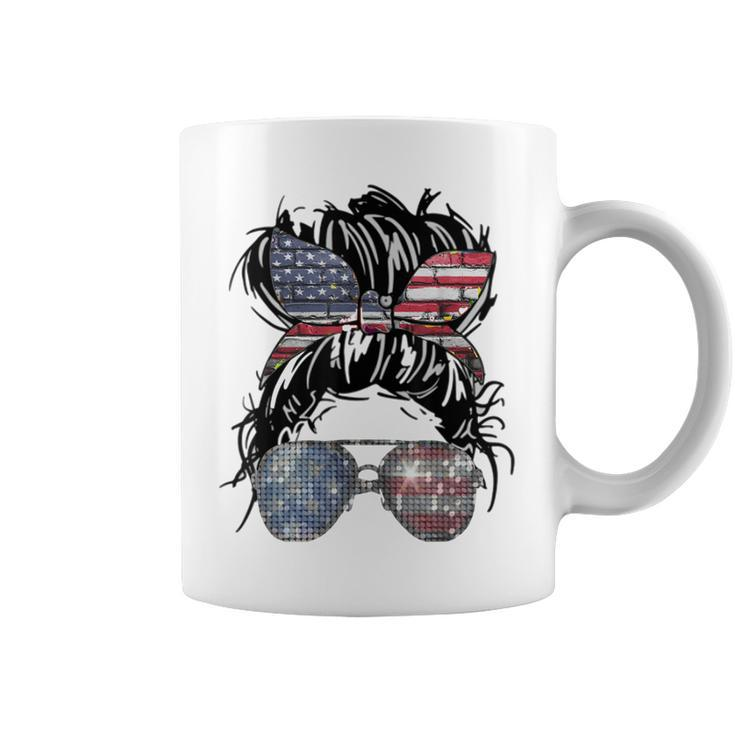 Messy Bun American Flag Glasses 4Th Of July Patriotic  Coffee Mug
