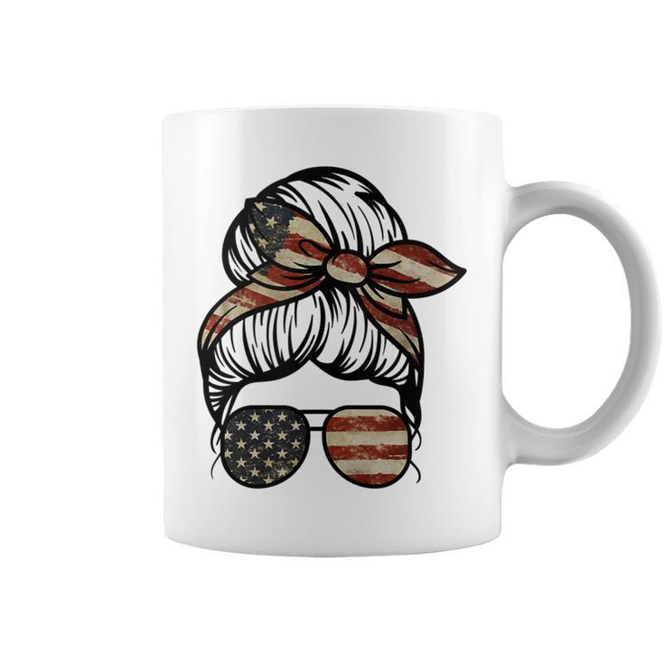Messy Bun Usa Flag Glasses 4Th Of July Patriotic Women Girl  Coffee Mug