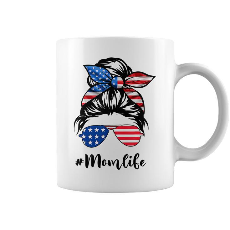 Mom Life Messy Bun America Flag Mothers Day 4Th Of July T-Shirt Coffee Mug