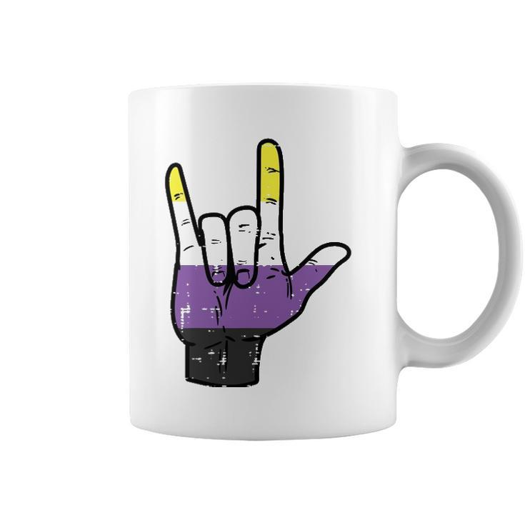 Nonbinary I Love You Hand Sign Language Enby Nb Pride Flag Coffee Mug