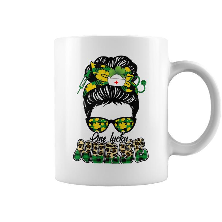 One Lucky Nurse Irish Leopard Messy Bun St Patricks Day Coffee Mug