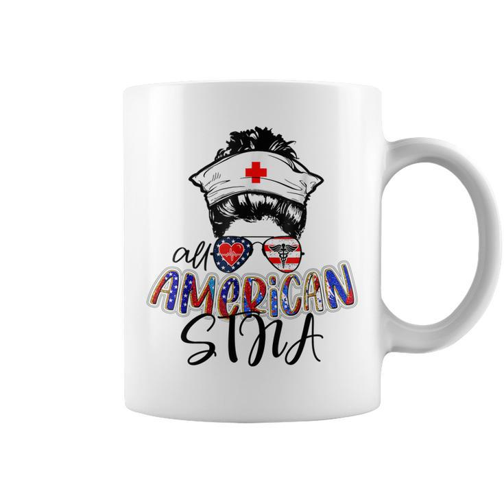 Stna All American Nurse Messy Buns Hair 4Th Of July Day Usa  Coffee Mug