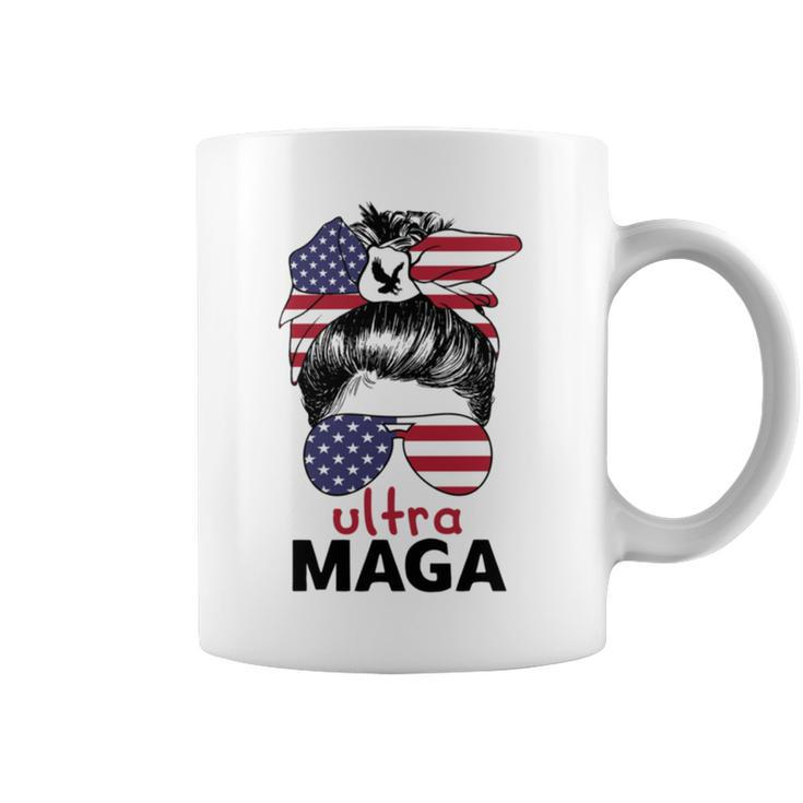 Ultra Maga American Flag Womens Messy Bun Wearing Glasses Coffee Mug