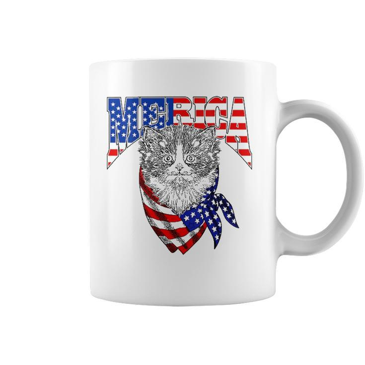 Womens Merica Cat Happy 4Th Of July American Flag Great Family Gift V-Neck Coffee Mug