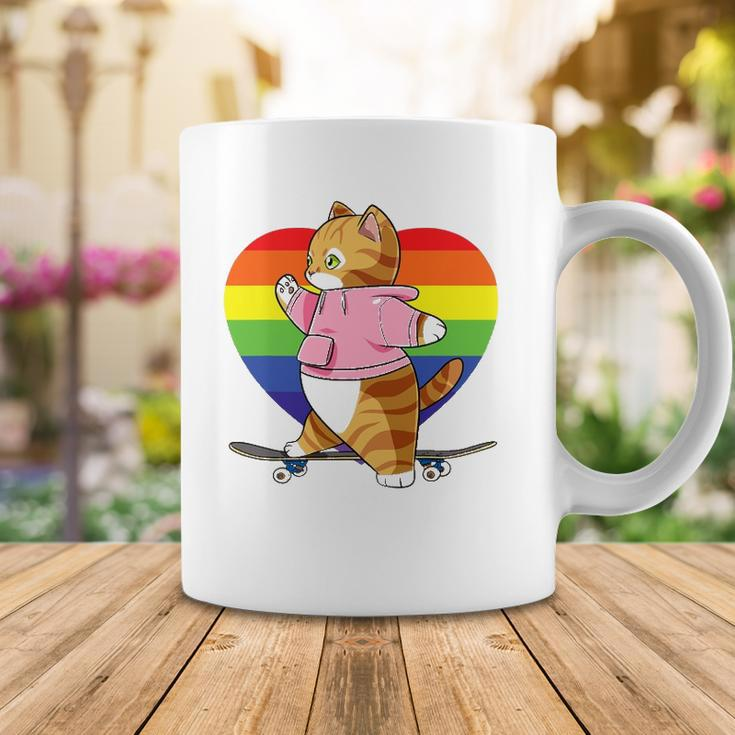 Cute Orange Tabby Cat Skateboarder Rainbow Heart Skater Coffee Mug Unique Gifts