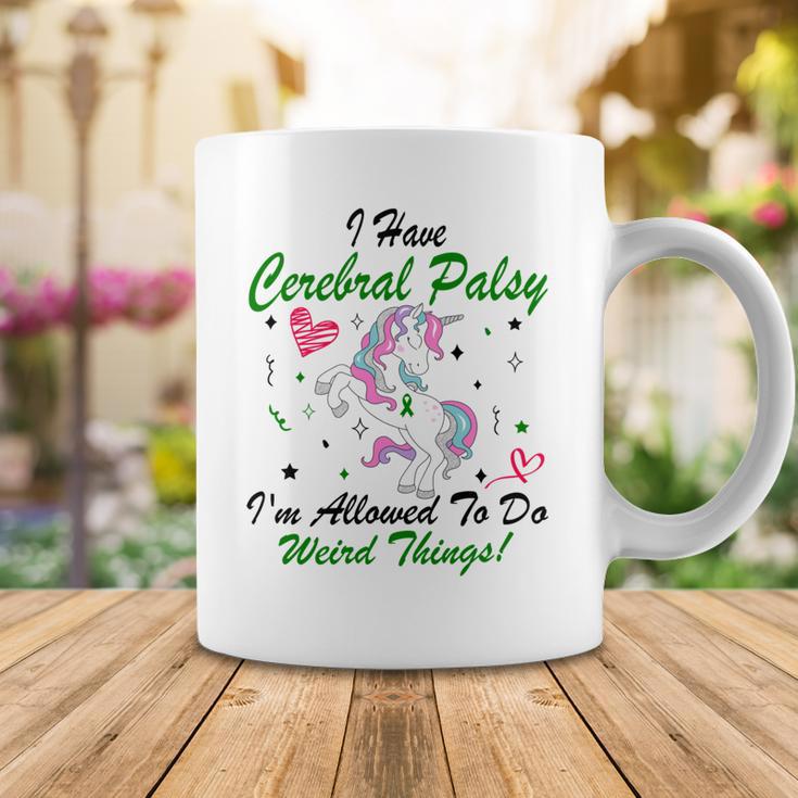 I Have Cerebral Palsy Im Allowed To Do Weird Things Unicorn Green Ribbon Cerebral Palsy Cerebral Palsy Awareness Coffee Mug Funny Gifts