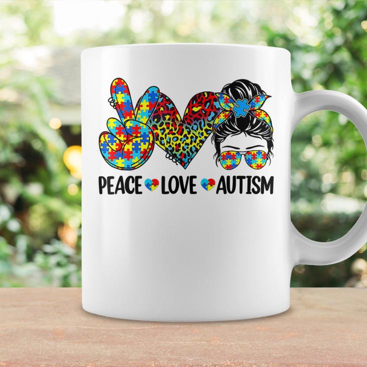 Peace Love Autism Mom Life Messy Bun Blue Autism Awareness Coffee Mug Gifts ideas