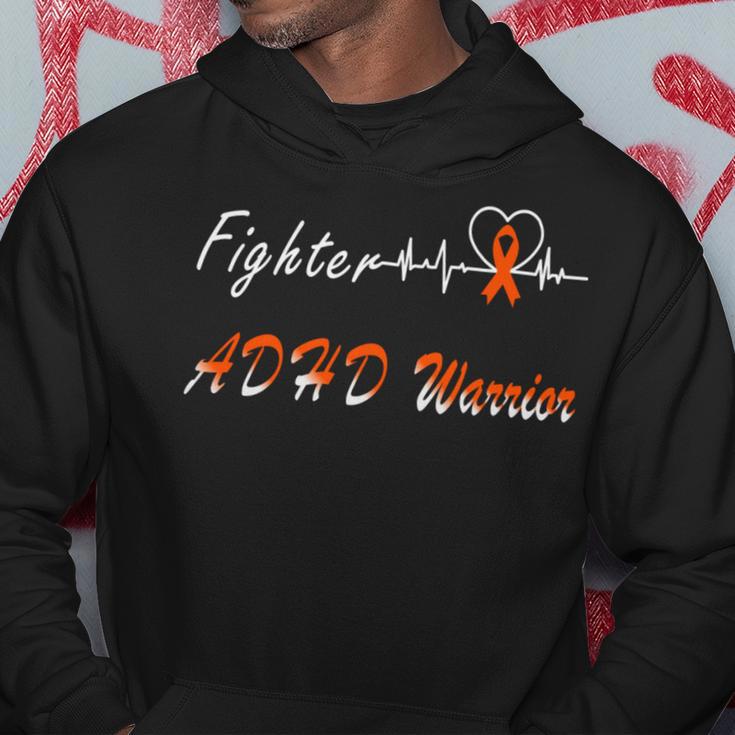 Fighter Adhd Warrior Heartbeat Orange Ribbon Attention Deficit Hyperactivity Disorder Adhd Awareness Hoodie Funny Gifts